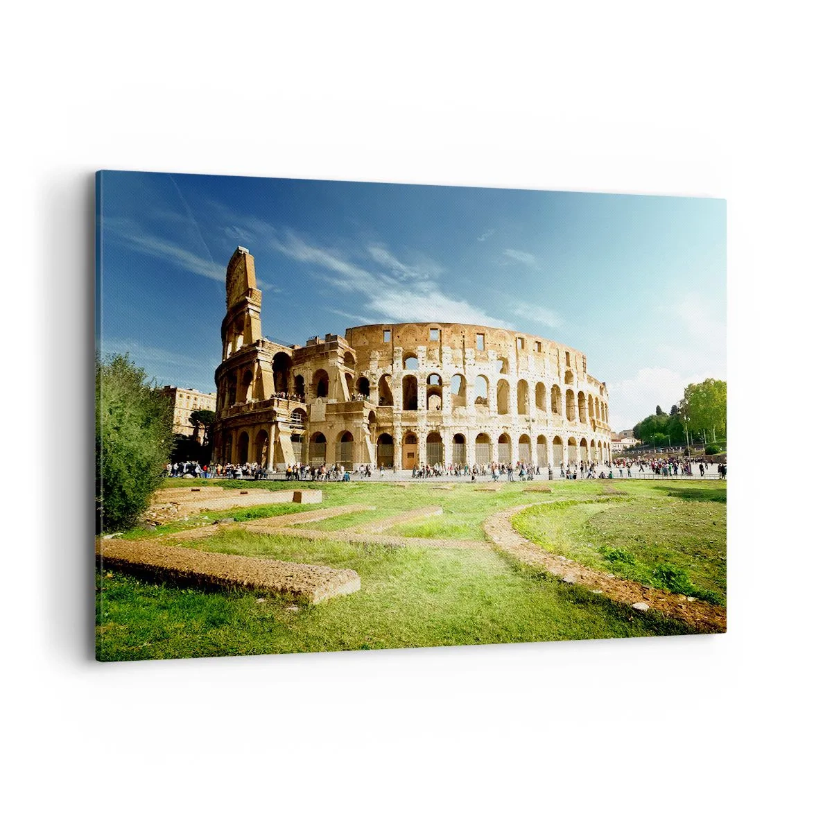 Cuadro sobre lienzo - Impresión de Imagen - El Coliseo de Roma rodeado de vegetación y cielo azul. - 120x80cm - Todavía se oye el sonido de las armas - Decoración de pared moderna para salón y dormitorio ARTTOR