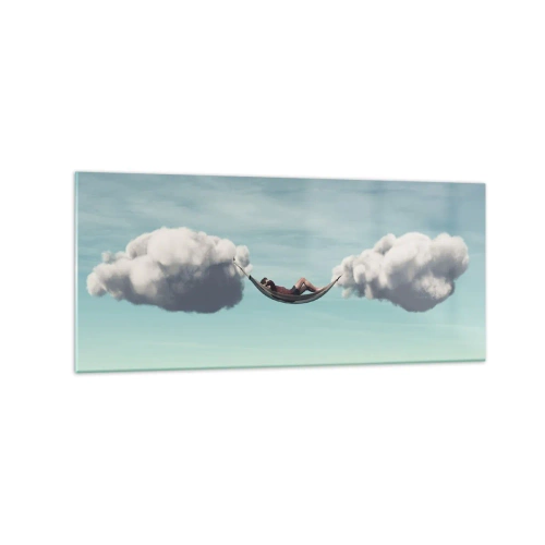 Cuadro sobre vidrio - Impresiones sobre Vidrio - Una persona relajándose en una hamaca suspendida en las nubes. - 120x50cm - La felicidad del momento - Decoración de pared moderna para salón y dormitorio ARTTOR