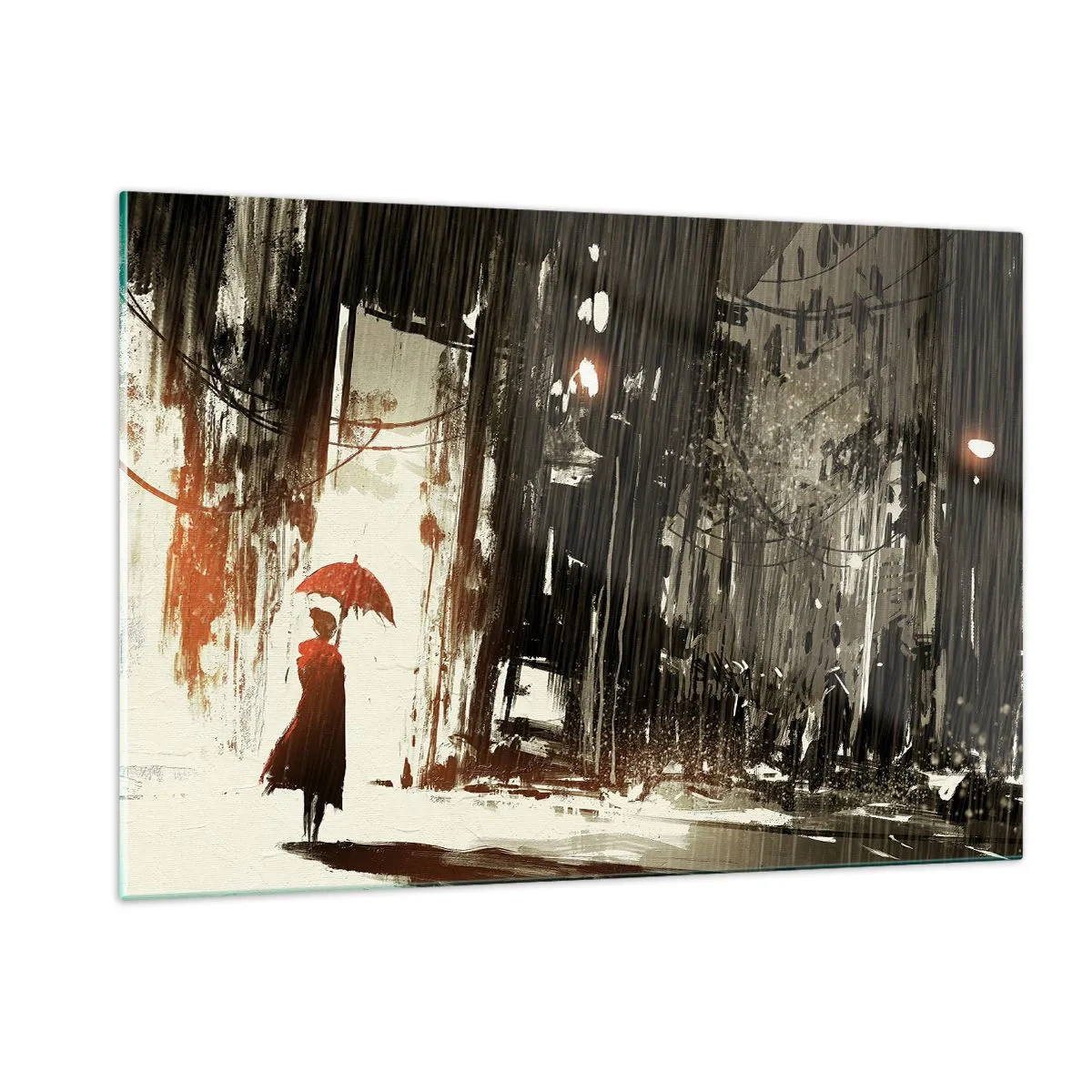 Cuadro sobre vidrio - Impresiones sobre Vidrio - Una persona con un paraguas rojo bajo la lluvia contra un fondo de ciudad oscura. - 120x80cm - Poesía de un paraguas rojo - Decoración de pared moderna para salón y dormitorio ARTTOR