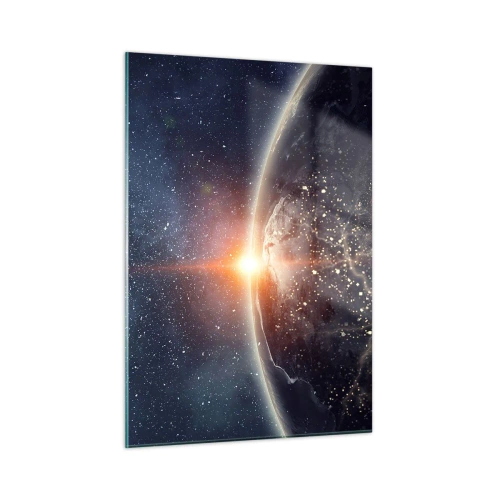 Cuadro sobre vidrio - Impresiones sobre Vidrio - La Tierra iluminada por los rayos del sol en el espacio. - 50x70cm - En una nueva perspectiva - Decoración de pared moderna para salón y dormitorio ARTTOR