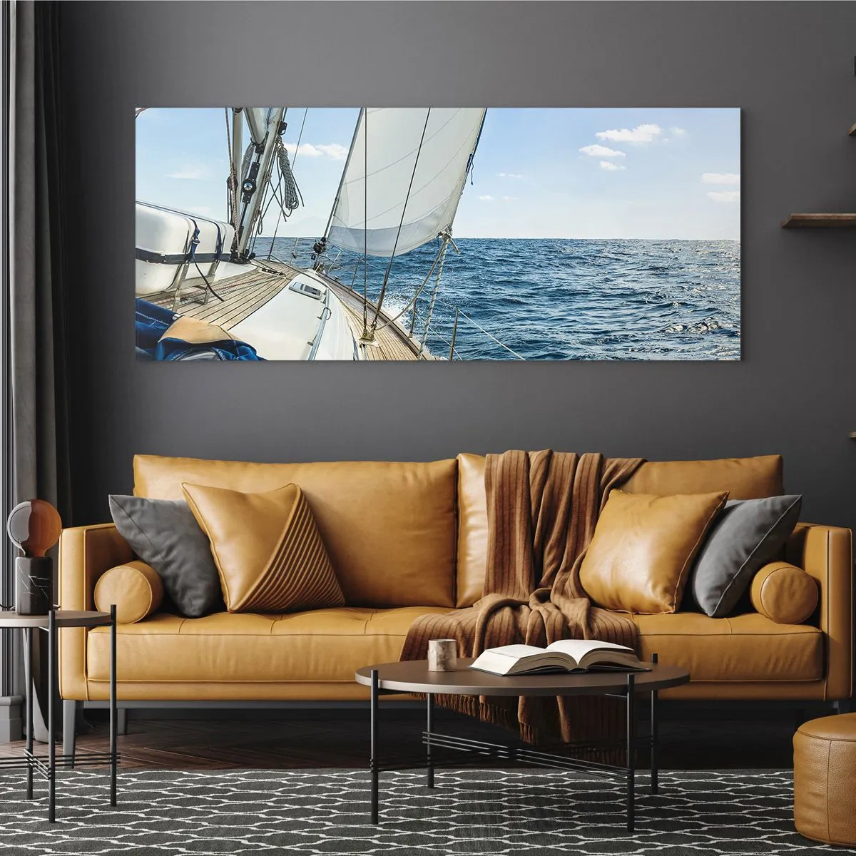Cuadro sobre vidrio - Impresiones sobre Vidrio - Un velero en un mar tranquilo bajo un cielo azul. - 120x50cm - Ahoy, a la aventura - Decoración de pared moderna para salón y dormitorio ARTTOR