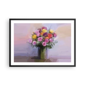 Póster en marco negro - Un ramo de rosas de colores en un jarrón de cristal. - 70x50cm - Belleza inmortalizada - Decoración de pared moderna para salón y dormitorio ARTTOR