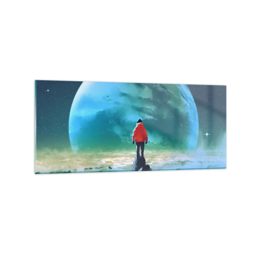 Cuadro sobre vidrio - Impresiones sobre Vidrio - Un hombre con una chaqueta roja de pie frente a un gran planeta con estrellas en el fondo. - 120x50cm - Descubridor de una nueva Tierra - Decoración de pared moderna para salón y dormitorio ARTTOR