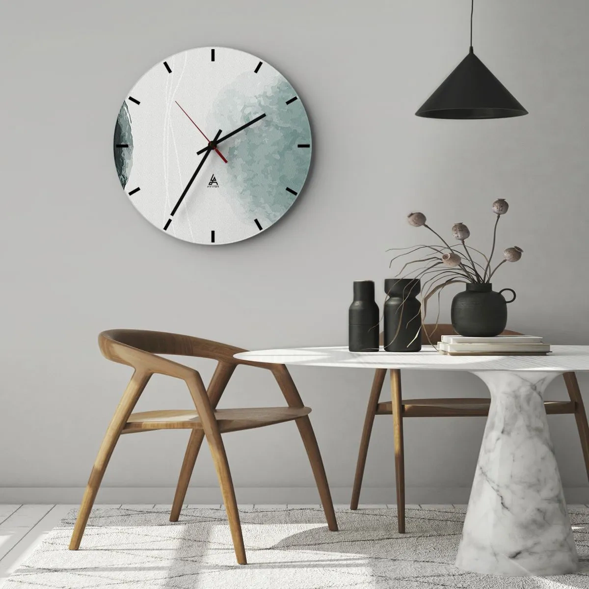 Reloj de pared - Reloj de vidrio - Una abstracción discreta con manchas verdes sobre un fondo claro. - 30x30cm - Un encuentro con la niebla - Decoración de pared moderna para salón, cocina y dormitorio ARTTOR