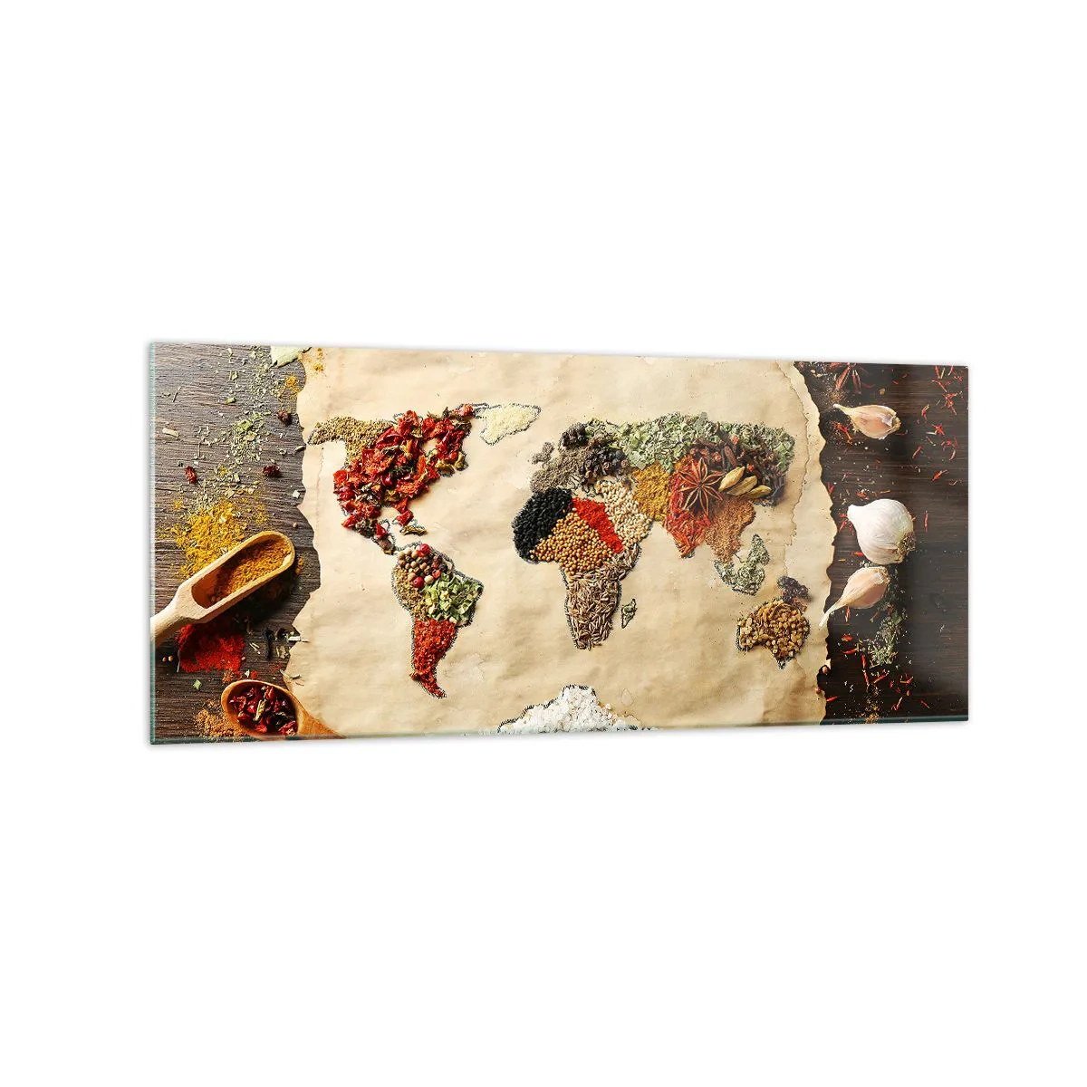 Cuadro sobre vidrio - Impresiones sobre Vidrio - Un mapa del mundo hecho de especias sobre un fondo de madera. - 120x50cm - Todos los sabores del mundo - Decoración de pared moderna para salón y dormitorio ARTTOR