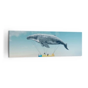 Cuadro sobre lienzo - Impresión de Imagen - Una ballena voladora transporta un avión en un entorno surrealista. - 160x50cm - ¿Por qué no? - Decoración de pared moderna para salón y dormitorio ARTTOR