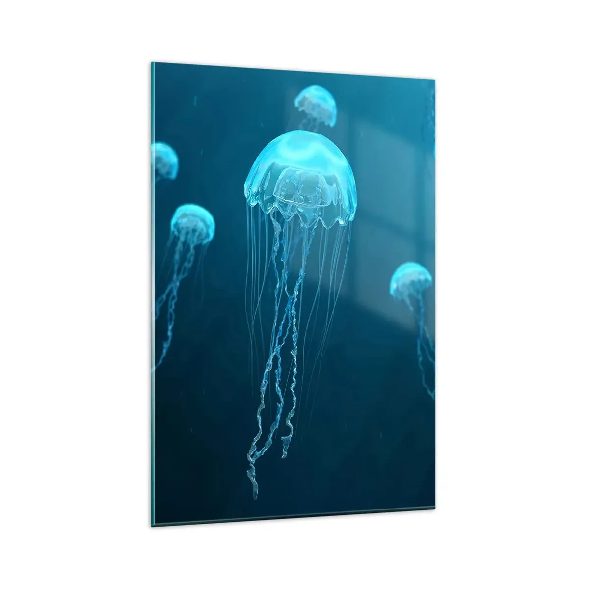 Cuadro sobre vidrio - Impresiones sobre Vidrio - Medusas flotando en las profundidades del océano en tonos azules. - 80x120cm - Danza oceánica - Decoración de pared moderna para salón y dormitorio ARTTOR