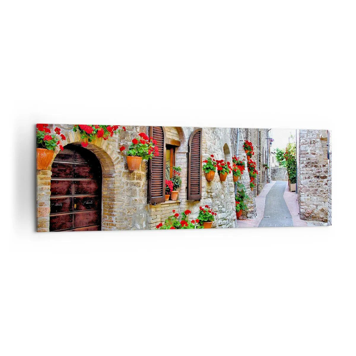 Cuadro sobre lienzo - Impresión de Imagen - Una calle estrecha con edificios de piedra decorados con macetas. - 160x50cm - Ambiente italiano - Decoración de pared moderna para salón y dormitorio ARTTOR