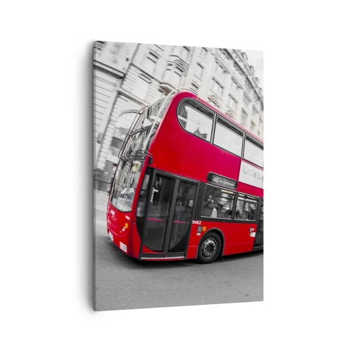 Cuadro sobre lienzo - Impresión de Imagen - Un autobús rojo de Londres contra una calle en blanco y negro - 50x70cm - Londres tradicional - en autobús - Decoración de pared moderna para salón y dormitorio ARTTOR
