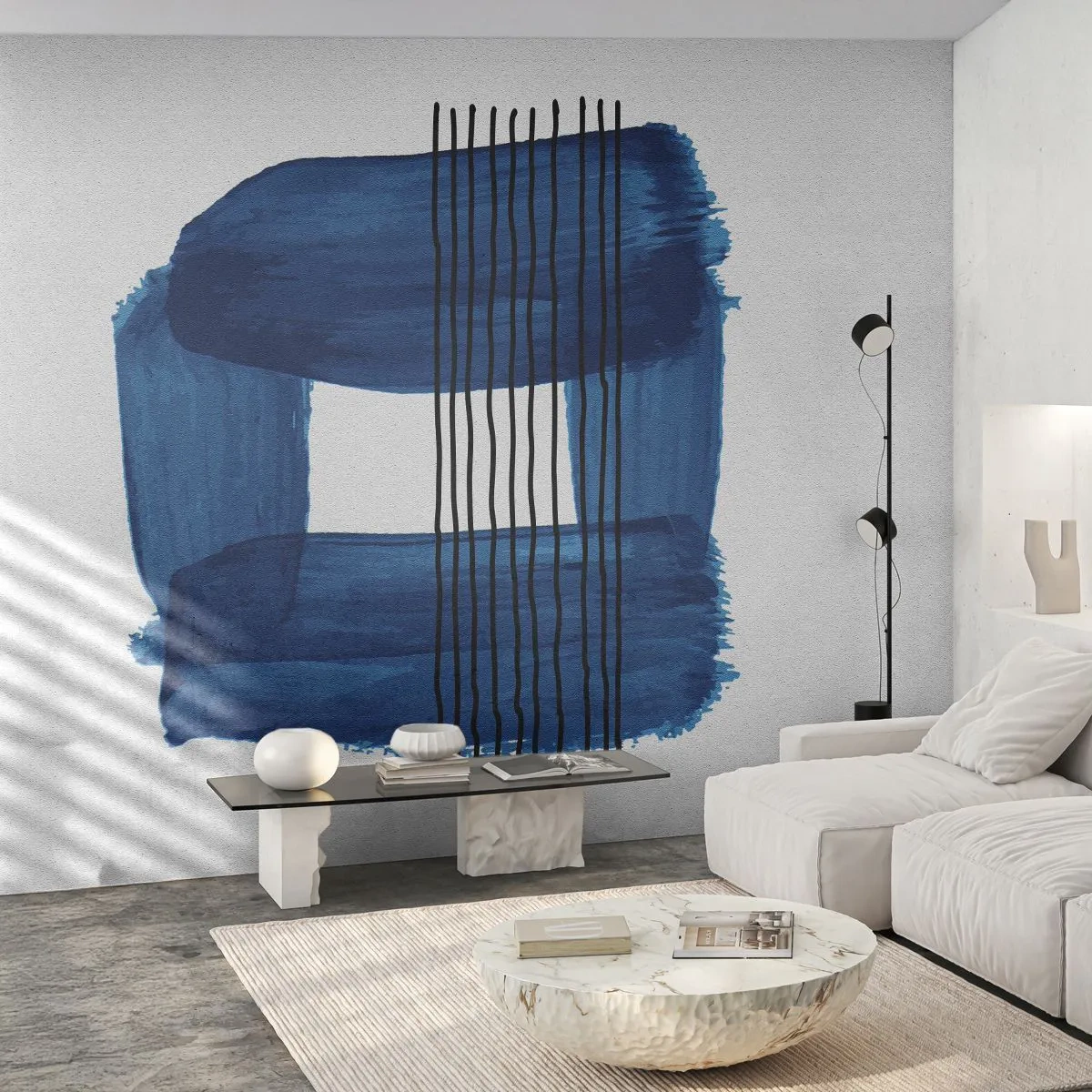 Fotomural Standard Eco - Abstracción moderna en tonos azul marino - 100x70cm - Composición azul y negra - Decoración de pared moderna para salón y dormitorio ARTTOR