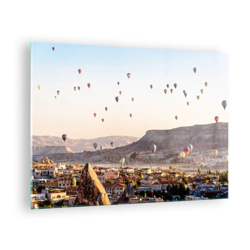 Cuadro sobre vidrio - Impresiones sobre Vidrio - Vuelo en globo sobre Capadocia a la luz de la mañana. - 70x50cm - Surcando los cielos - Decoración de pared moderna para salón y dormitorio ARTTOR