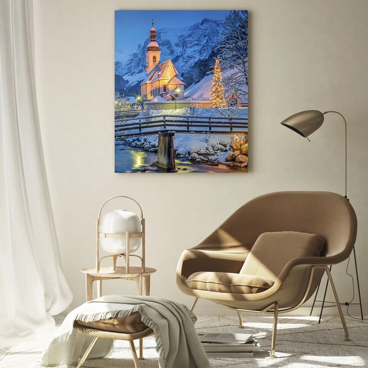 Cuadro sobre vidrio - Impresiones sobre Vidrio - Paisaje invernal con una iglesia, un puente y montañas al atardecer - 80x120cm - El espíritu de la Navidad - Decoración de pared moderna para salón y dormitorio ARTTOR