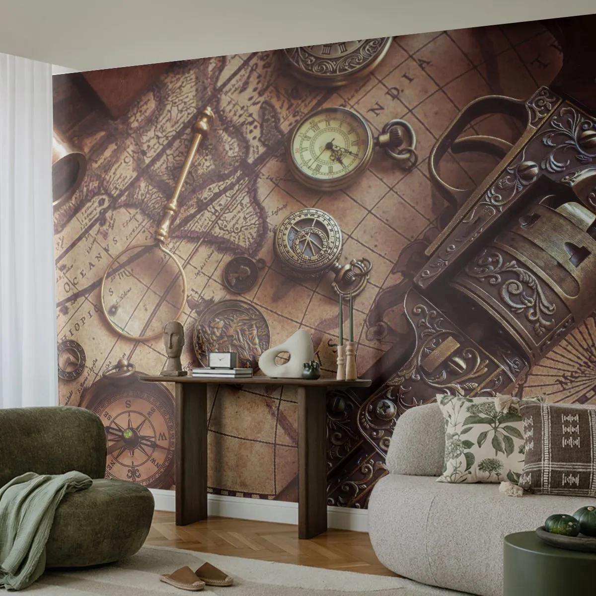 Fotomural Premium Sand - Objetos antiguos en un antiguo mapa retro - 100x70cm - La aventura llama - Decoración de pared moderna para salón y dormitorio ARTTOR