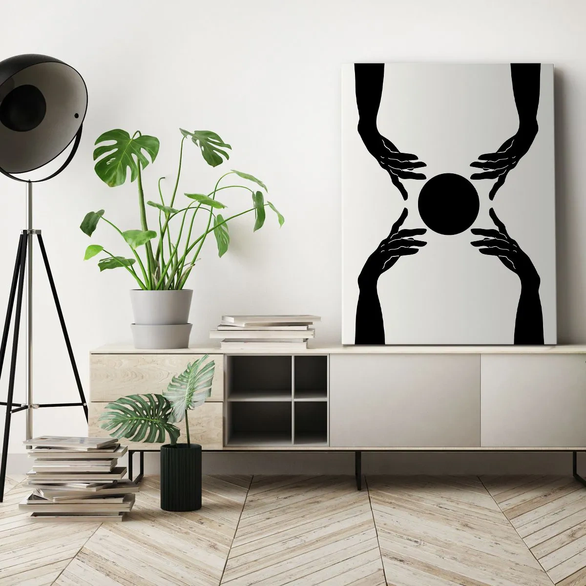 Cuadro sobre lienzo - Impresión de Imagen - Manos negras en una composición simétrica con una pelota. - 50x70cm - Una señal secreta - Decoración de pared moderna para salón y dormitorio ARTTOR