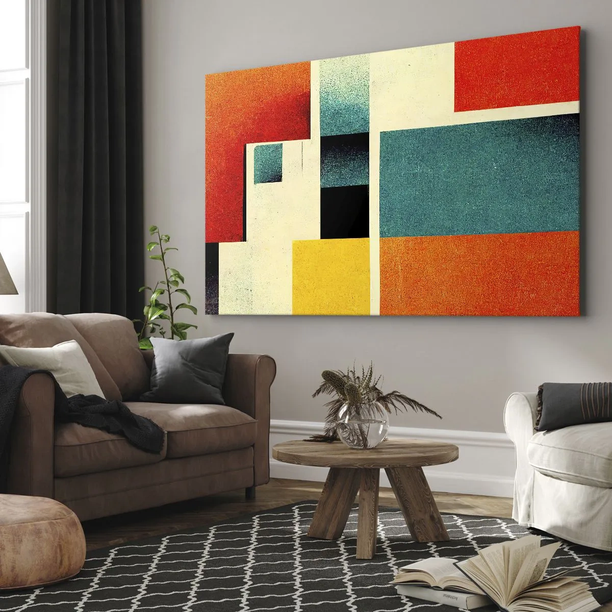 Cuadro sobre lienzo - Impresión de Imagen - Abstracción geométrica con rectángulos y cuadrados de colores. - 70x50cm - Abstracción geométrica - buena energía - Decoración de pared moderna para salón y dormitorio ARTTOR