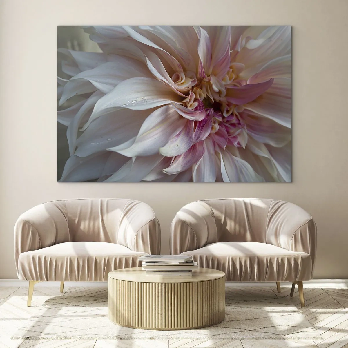 Cuadro sobre vidrio - Impresiones sobre Vidrio - Primer plano de una flor rosa y crema con gotas de agua. - 70x50cm - Frescura floreciente - Decoración de pared moderna para salón y dormitorio ARTTOR
