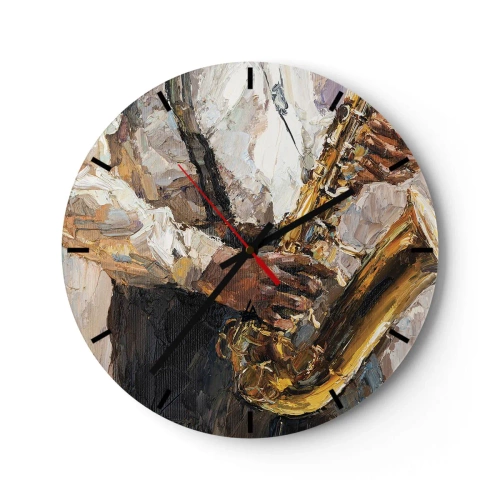 Reloj de pared - Reloj de vidrio - Una pintura artística que representa a un músico tocando el saxofón. - 30x30cm - Llegó el momento del solo - Decoración de pared moderna para salón, cocina y dormitorio ARTTOR