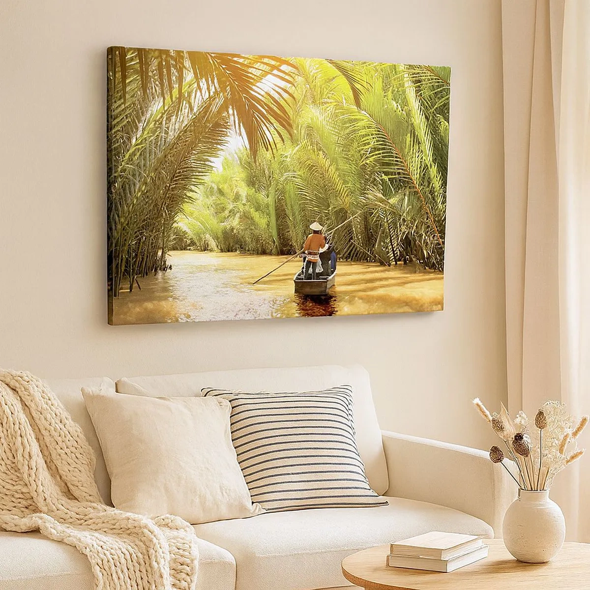 Cuadro sobre lienzo - Impresión de Imagen - Un barco en un río rodeado de vegetación tropical. - 70x50cm - En un túnel de palmeras - Decoración de pared moderna para salón y dormitorio ARTTOR