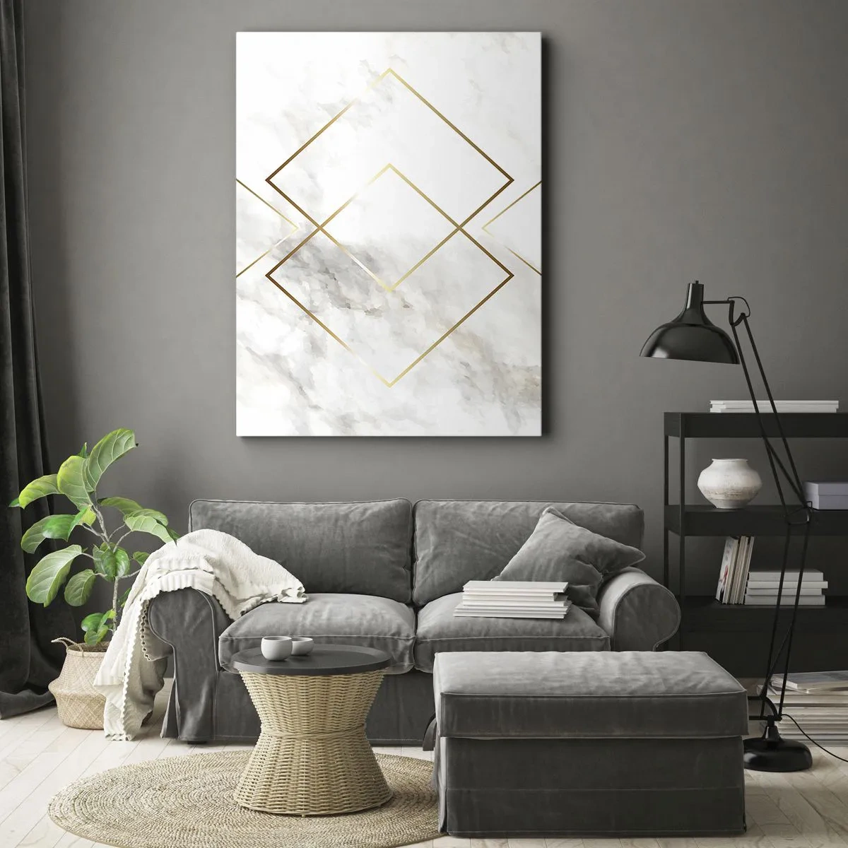 Cuadro sobre lienzo - Impresión de Imagen - Rombos dorados minimalistas sobre un fondo de mármol. - 50x70cm - Una vista al infinito - Decoración de pared moderna para salón y dormitorio ARTTOR