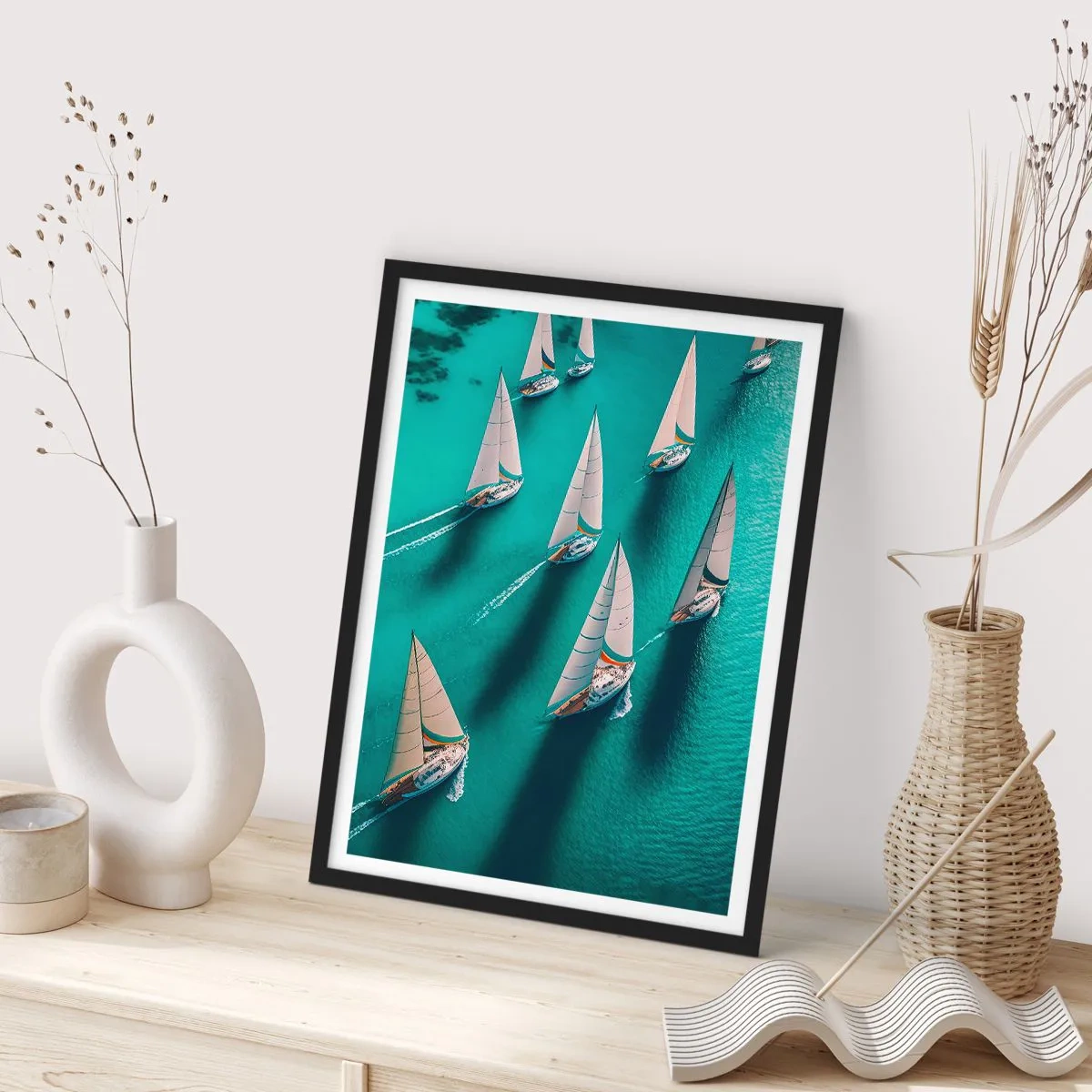 Póster en marco negro - Regata de vela en aguas turquesas - 50x70cm - En competición con el viento - Decoración de pared moderna para salón y dormitorio ARTTOR
