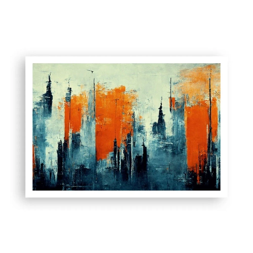 Póster - Paisaje urbano abstracto en tonos naranja y azul. - 100x70cm - Paisaje moderno - Decoración de pared moderna para salón y dormitorio ARTTOR