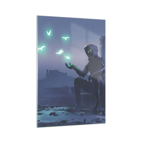 Cuadro sobre vidrio - Impresiones sobre Vidrio - Una figura encapuchada con pájaros mágicos en el fondo de una ciudad. - 70x100cm - La vida volverá - Decoración de pared moderna para salón y dormitorio ARTTOR