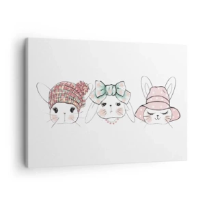 Cuadro sobre lienzo - Impresión de Imagen - Adorables conejitos con tocados en tonos pastel - 70x50cm - Reflexión, tristeza, alegría - Decoración de pared moderna para salón y dormitorio ARTTOR