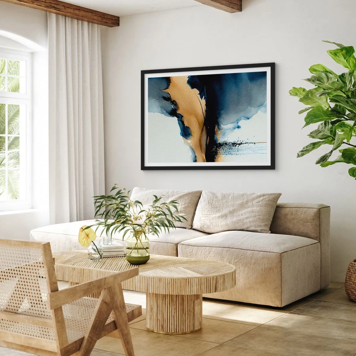 Póster en marco negro - Una composición abstracta en tonos azul marino y dorado. - 70x50cm - Tras el telón - Decoración de pared moderna para salón y dormitorio ARTTOR
