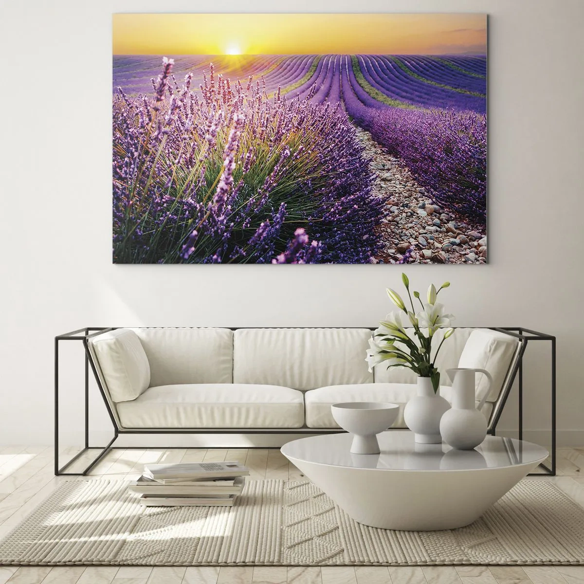 Cuadro sobre vidrio - Impresiones sobre Vidrio - Campo de lavanda al amanecer con un camino rocoso. - 100x70cm - Pradera fragante - Decoración de pared moderna para salón y dormitorio ARTTOR