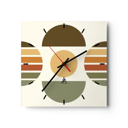 Reloj de pared - Reloj de vidrio - Composición geométrica con semicírculos y rayas en tonos tierra. - 30x30cm - Los tonos de la tierra - Decoración de pared moderna para salón y dormitorio ARTTOR