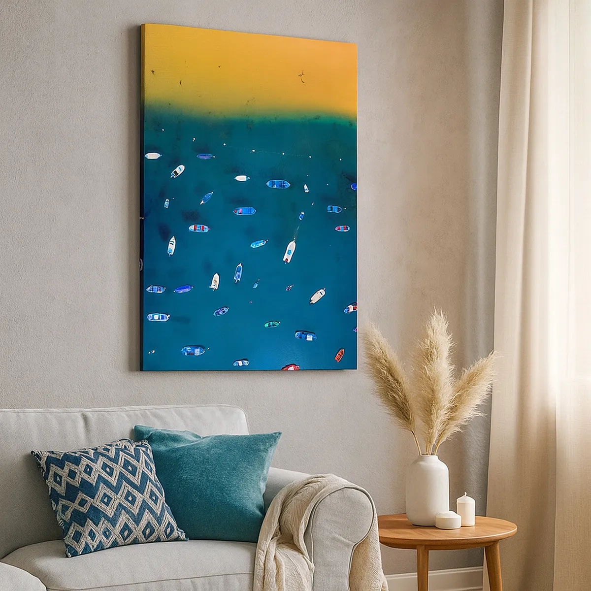 Cuadro sobre lienzo - Impresión de Imagen - Vista aérea de barcos en el agua y una orilla arenosa. - 50x70cm - Un juego de vacaciones - Decoración de pared moderna para salón y dormitorio ARTTOR