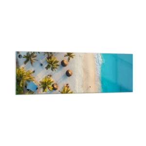 Cuadro sobre vidrio - Impresiones sobre Vidrio - Vista de una playa tropical con palmeras y un mar turquesa. - 160x50cm - Bienvenidos al paraíso - Decoración de pared moderna para salón y dormitorio ARTTOR