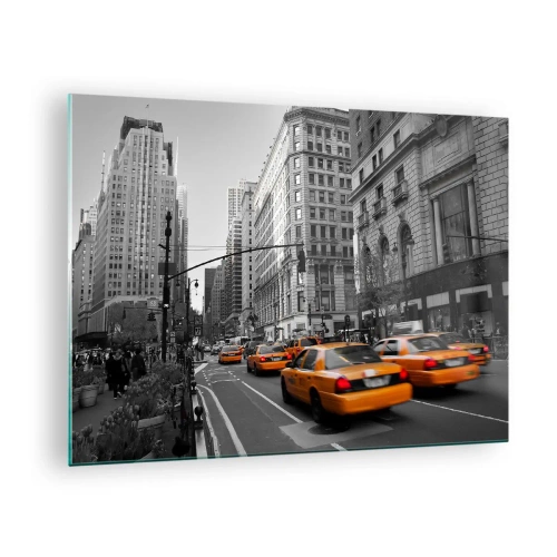 Cuadro sobre vidrio - Impresiones sobre Vidrio - Taxis amarillos en las calles de la ciudad en un entorno en blanco y negro - 70x50cm - Los soles de la gran ciudad - Decoración de pared moderna para salón y dormitorio ARTTOR