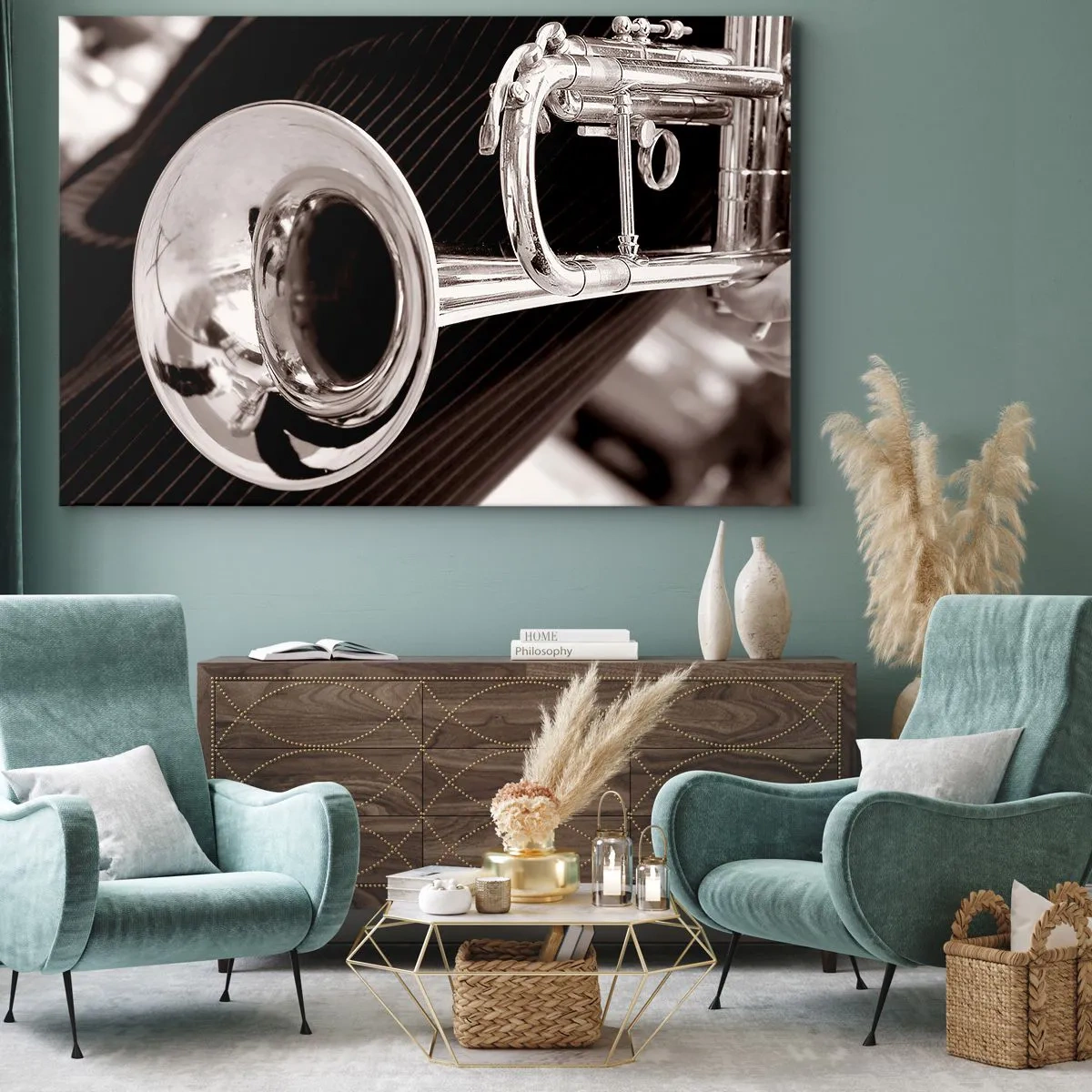 Cuadro sobre lienzo - Impresión de Imagen - Un primer plano de una trompeta plateada sobre un elegante fondo de tela. - 70x50cm - Viaje musical a los años 30. - Decoración de pared moderna para salón y dormitorio ARTTOR