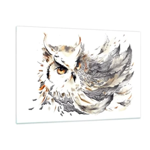 Cuadro sobre vidrio - Impresiones sobre Vidrio - Un búho con plumas artísticas en tonos naranja y gris. - 120x80cm - Venía de un mundo de magia - Decoración de pared moderna para salón y dormitorio ARTTOR