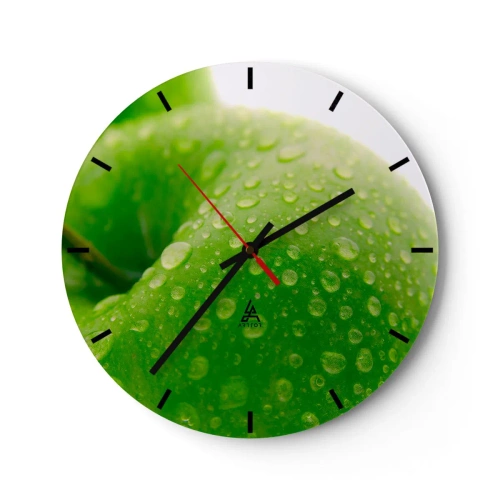Reloj de pared - Reloj de vidrio - Una manzana verde cubierta de gotas de agua. - 30x30cm - Frescor verde - Decoración de pared moderna para salón, cocina y dormitorio ARTTOR