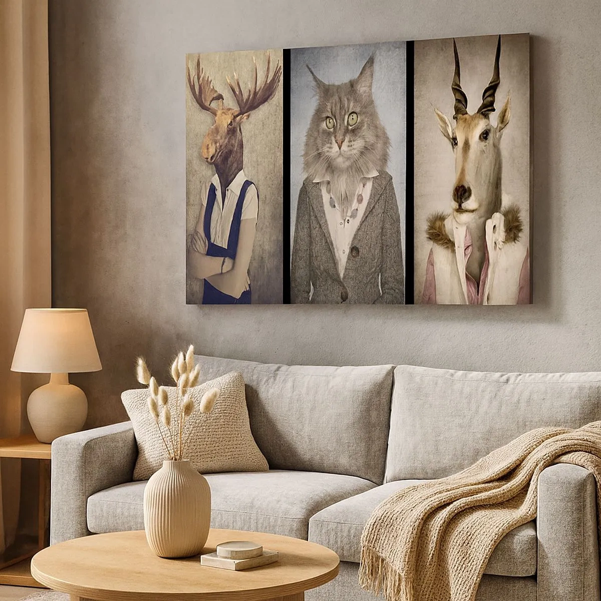 Cuadro sobre lienzo - Impresión de Imagen - Un tríptico con figuras de animales con ropas elegantes sobre un fondo estilizado. - 70x50cm - Las pieles vuelven a estar de moda - Decoración de pared moderna para salón y dormitorio ARTTOR