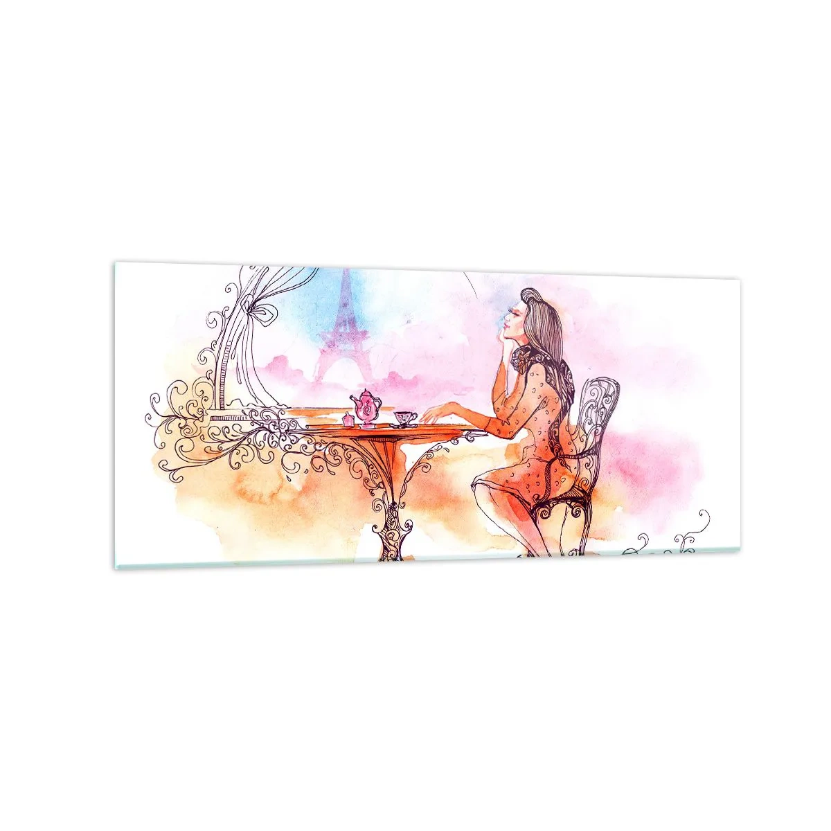 Cuadro sobre vidrio - Impresiones sobre Vidrio - Acuarela romántica de una mujer en un café con vistas a una torre. - 120x50cm - Estilo parisino - Decoración de pared moderna para salón y dormitorio ARTTOR
