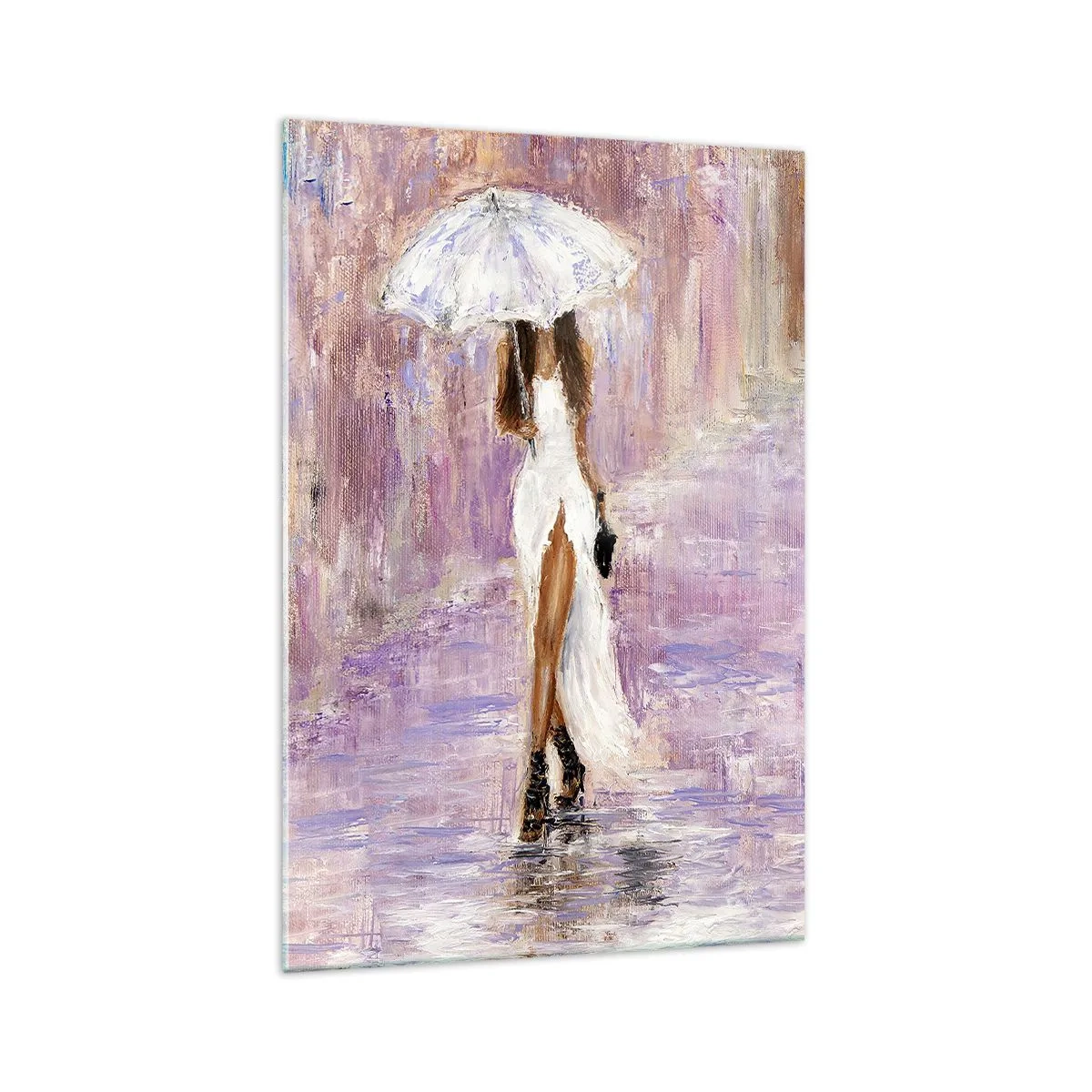 Cuadro sobre vidrio - Impresiones sobre Vidrio - Una mujer con paraguas caminando bajo la lluvia en tonos lilas - 70x100cm - En la lluvia de lilas - Decoración de pared moderna para salón y dormitorio ARTTOR