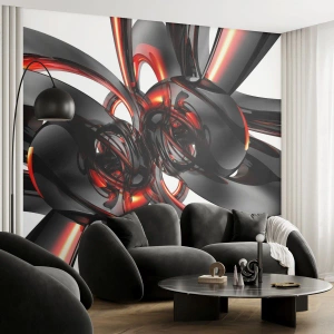Fotomural Premium Sand - Formas abstractas negras con acentos rojos - 100x70cm - Movimiento en grafito y rojo - Decoración de pared moderna para salón y dormitorio ARTTOR