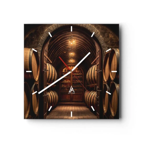 Reloj de pared - Reloj de vidrio - Bodega con barriles de madera y estantes para vinos. - 30x30cm - Sótano atmosférico - Decoración de pared moderna para salón y dormitorio ARTTOR