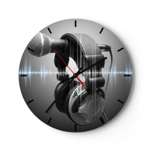 Reloj de pared - Reloj de vidrio - Micrófono y auriculares con ondas de sonido sobre fondo gris. - 30x30cm - Todavía se puede escuchar el canto - Decoración de pared moderna para salón, cocina y dormitorio ARTTOR