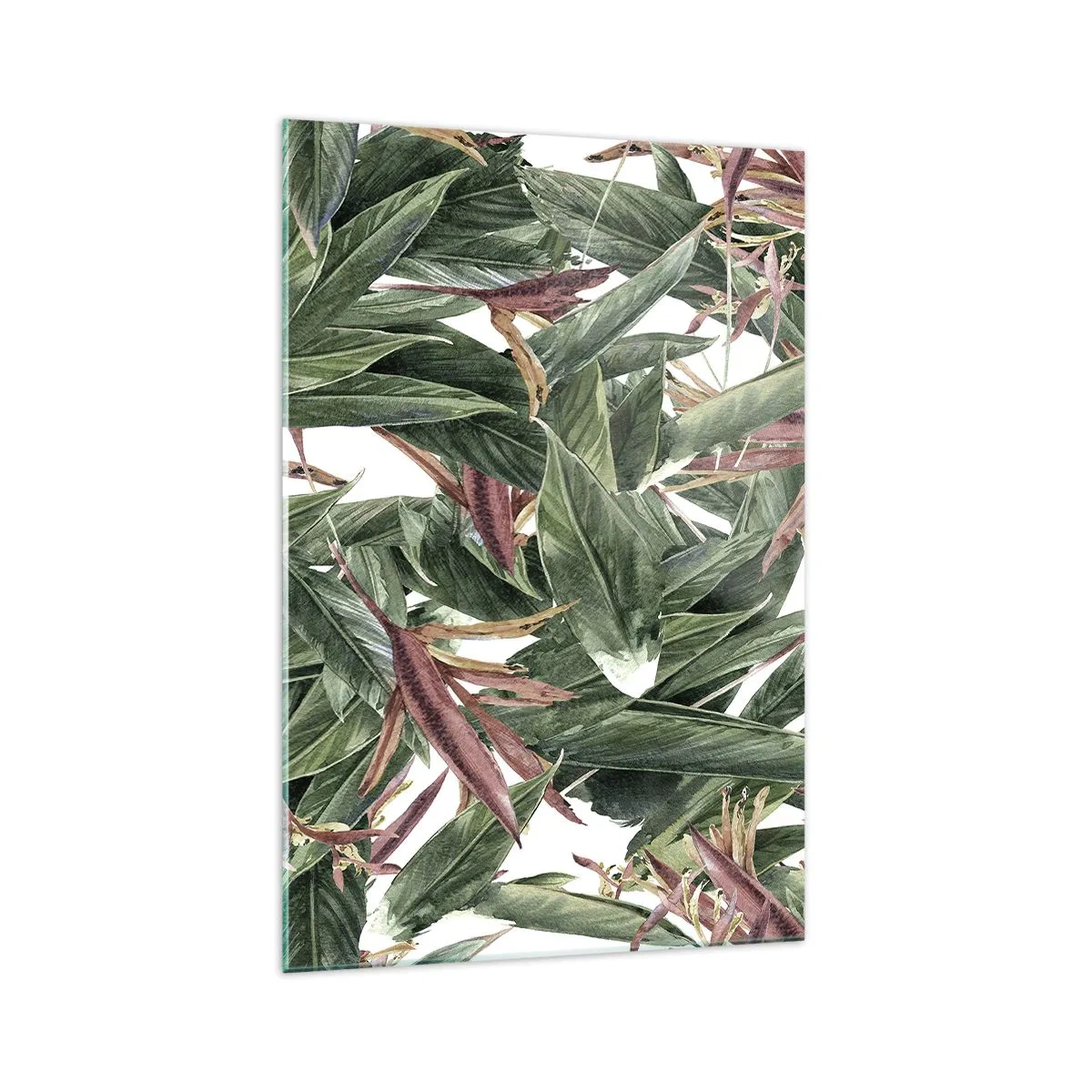 Cuadro sobre vidrio - Impresiones sobre Vidrio - Un motivo decorativo de hojas en tonos verdes y burdeos sobre un fondo claro. - 70x100cm - Naturaleza esmeralda y lila - Decoración de pared moderna para salón y dormitorio ARTTOR