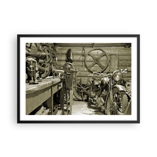 Póster en marco negro - Taller retro con motos y herramientas - 70x50cm - En el trastero del abuelo - Decoración de pared moderna para salón y dormitorio ARTTOR