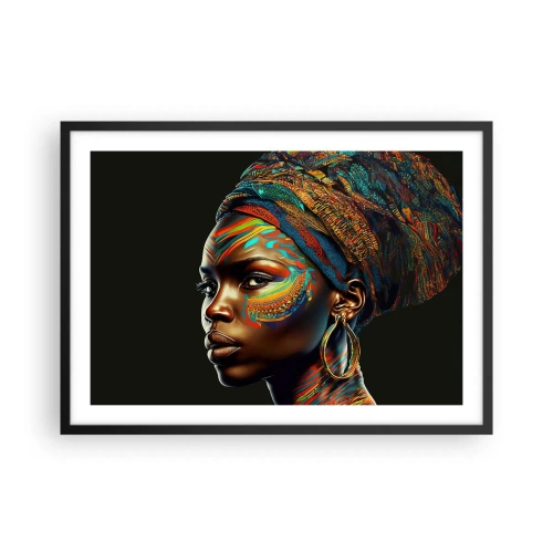 Póster en marco negro - Retrato de una mujer con un patrón colorido y un turbante. - 70x50cm - Reina africana - Decoración de pared moderna para salón y dormitorio ARTTOR