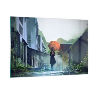 Cuadro sobre vidrio - Impresiones sobre Vidrio - Una figura con un paraguas naranja en una calle lluviosa. - 120x80cm - Una lluvia revitalizante - Decoración de pared moderna para salón y dormitorio ARTTOR