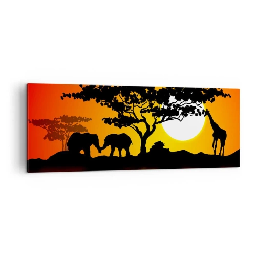 Cuadro sobre lienzo - Impresión de Imagen - Atardecer africano con siluetas de elefantes y jirafas sobre el agua - 140x50cm - Reunión en la sabana - Decoración de pared moderna para salón y dormitorio ARTTOR