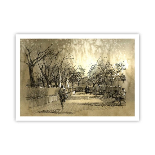 Póster - Una escena de dibujos animados de un parque con gente caminando en tonos cálidos. - 100x70cm - Un momento hecho a pluma - Decoración de pared moderna para salón y dormitorio ARTTOR