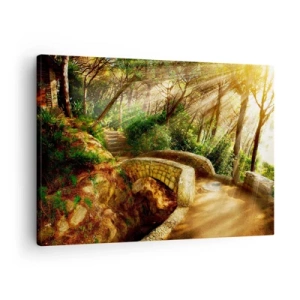 Cuadro sobre lienzo - Impresión de Imagen - Paisaje forestal con rayos de sol y un puente de piedra. - 70x50cm - Directamente desde el puente hacia el bosque de las hadas - Decoración de pared moderna para salón y dormitorio ARTTOR