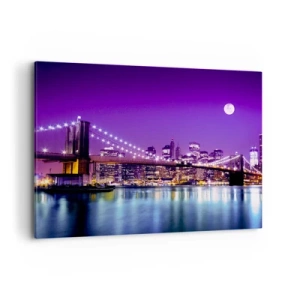 Cuadro sobre lienzo - Impresión de Imagen - Puente de Brooklyn de noche con la ciudad iluminada y luna llena - 100x70cm - Las luces de una gran ciudad en púrpura - Decoración de pared moderna para salón y dormitorio ARTTOR
